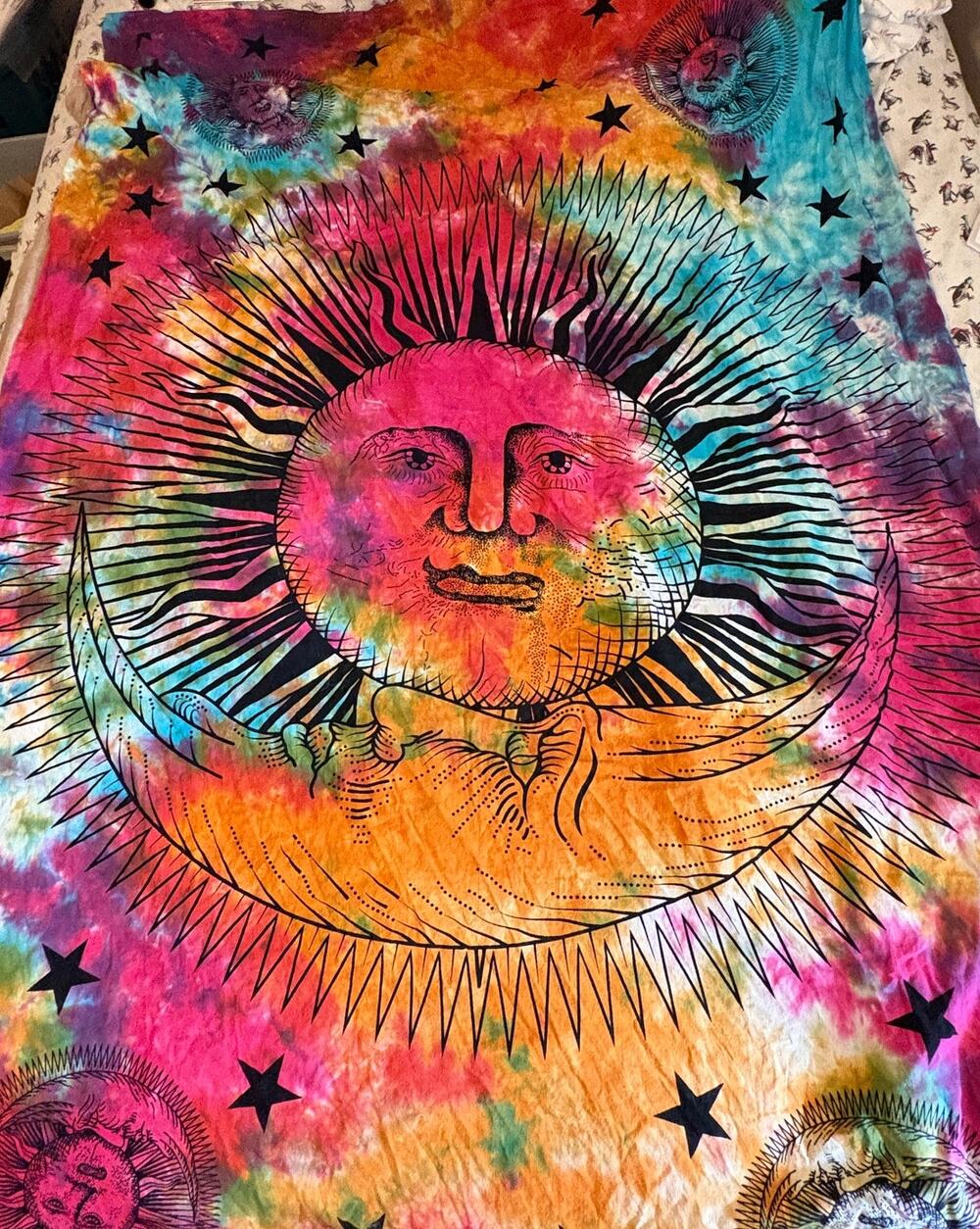 Psychedelic Celestial Scene Sun Moon Stars Wall Tapestry Tye Dye Boho